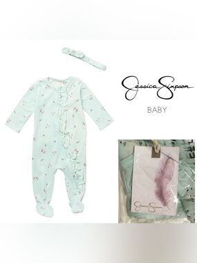 🆕JESSICA SIMPSON BABY - 3/6M - NWT - 2PC AQUA FLORAL SLEEPER AND HEADBAND